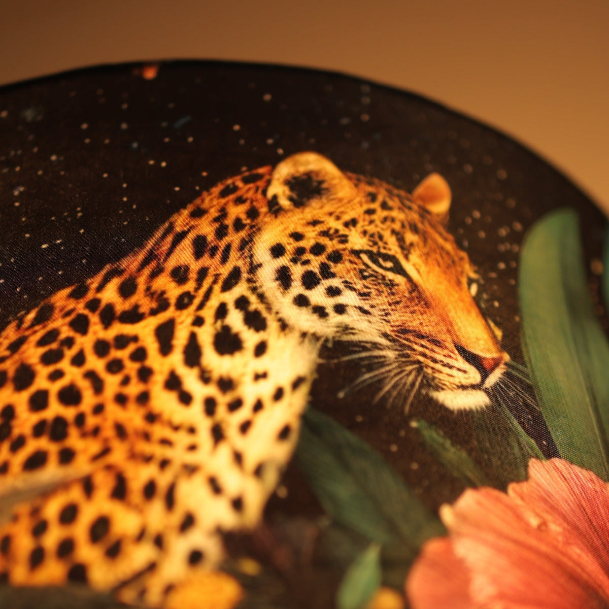 Bagh-e-Bahara - Charcoal black ceramic lamp paired with a vibrant black floral Indian lampshade.