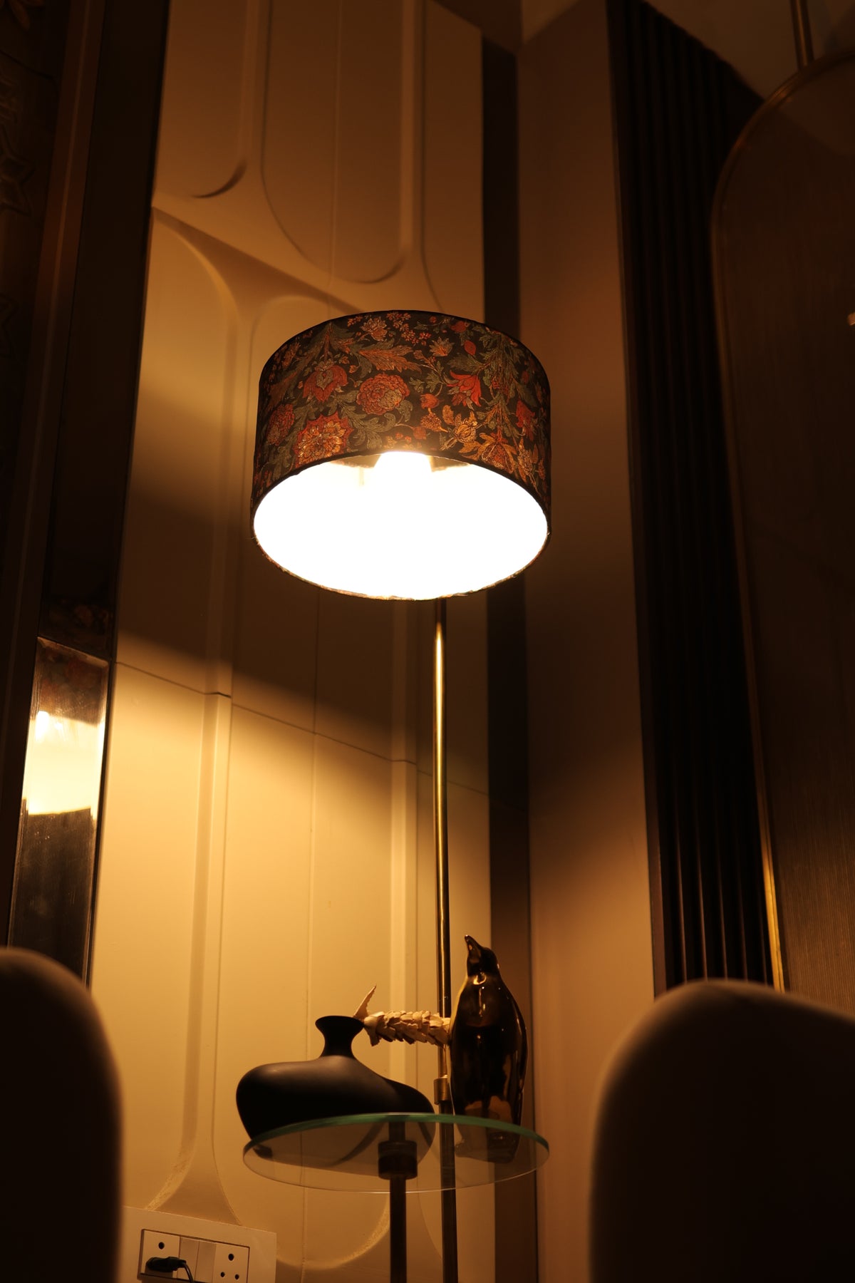 The Royal Floor Lamp- A statement sleek metal lamp elevated with a timeless Mughal blue  Indian lampshade.