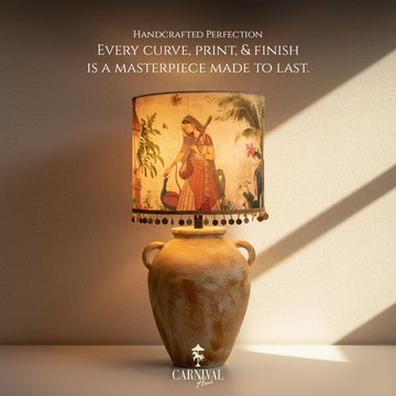 Noor - E - Sitar - Handpainted mustard textured ceramic lamp with a Mughal-inspired ivory lampshade.