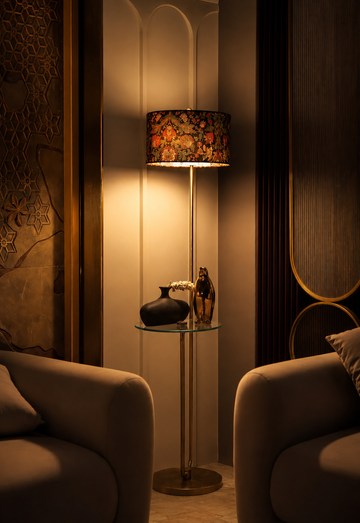 The Royal Floor Lamp- A statement sleek metal lamp elevated with a timeless Mughal blue  Indian lampshade.