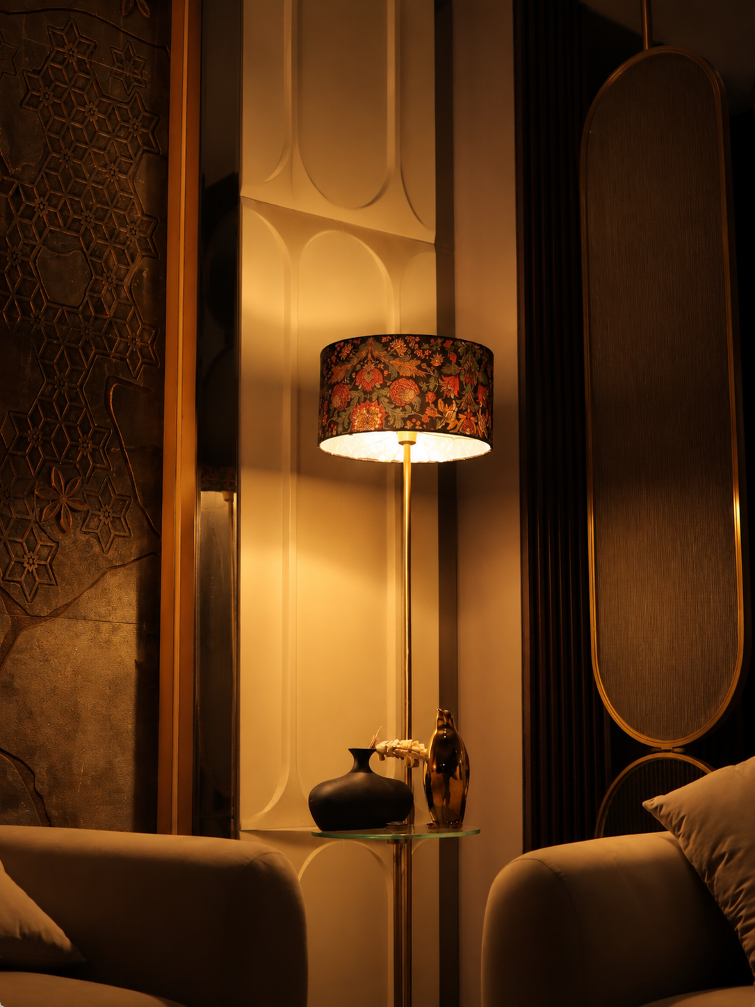 The Royal Floor Lamp- A statement sleek metal lamp elevated with a timeless Mughal blue  Indian lampshade.