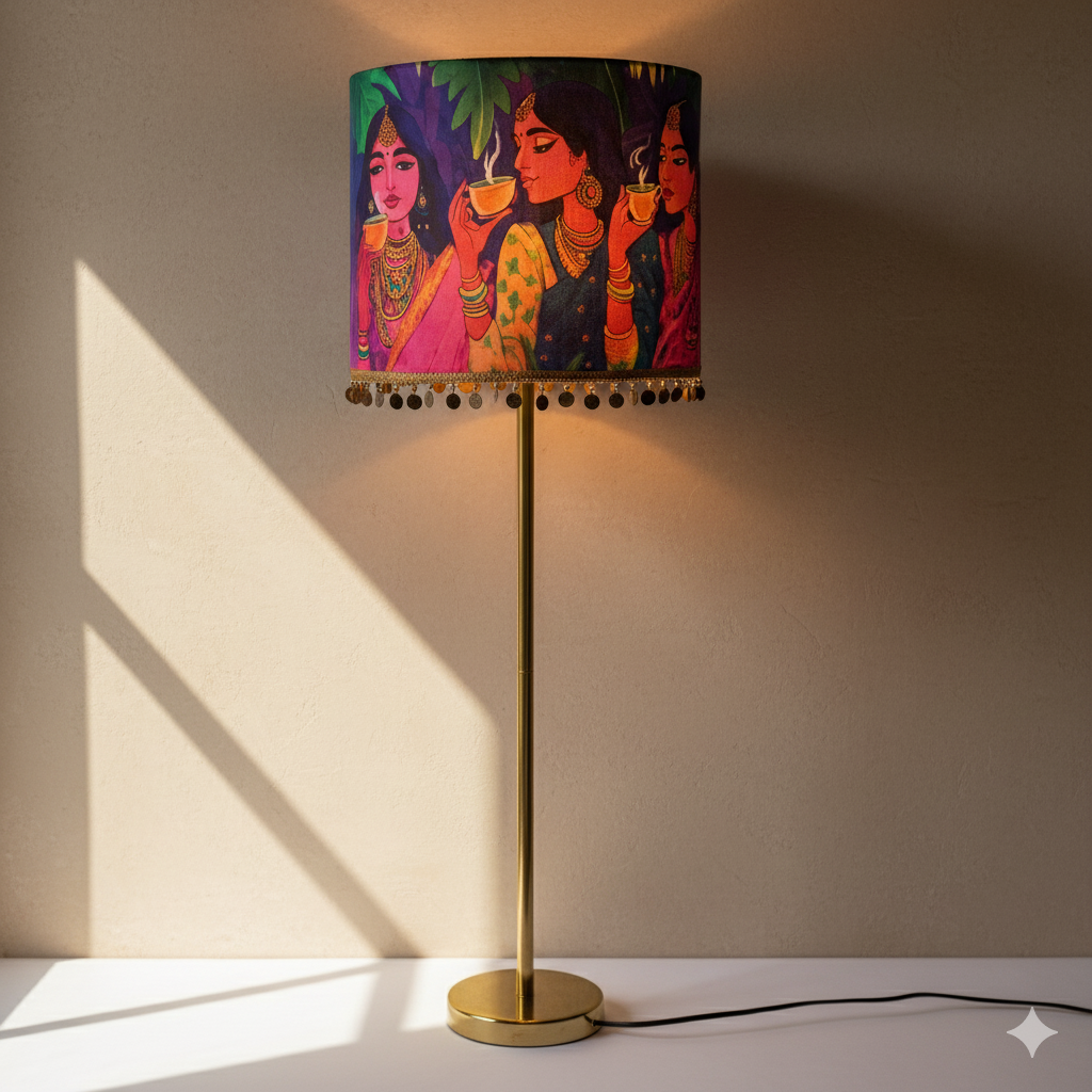 Gulaabi Sip - Sleek metal stand lamp crowned with a quirky pink pop Indian lampshade.