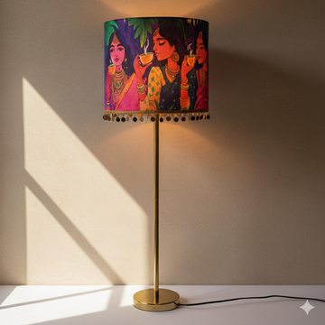 Gulaabi Sip - Sleek metal stand lamp crowned with a quirky pink pop Indian lampshade.