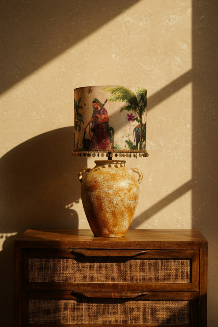 Noor - E - Sitar - Handpainted mustard textured ceramic lamp with a Mughal-inspired ivory lampshade.