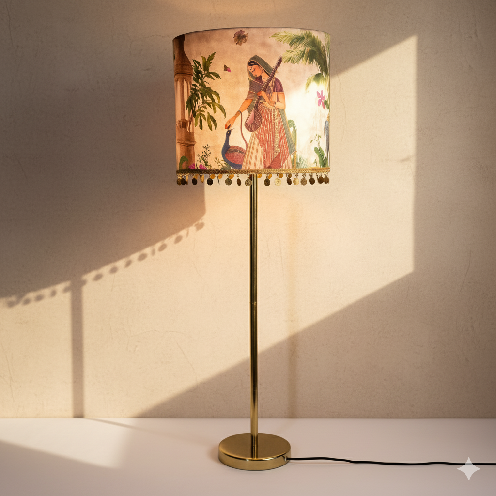 Noor-e-Sitaar - Chic sleek metal lamp paired with a Mughal-inspired ivory Indian lampshade
