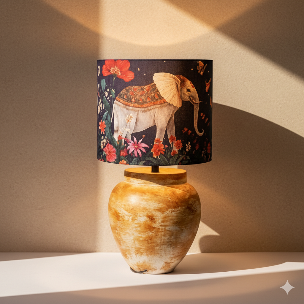 Shaahi Savaari -Mustard abstract ceramic lamp topped with a Mughal-inspired blue lampshade.