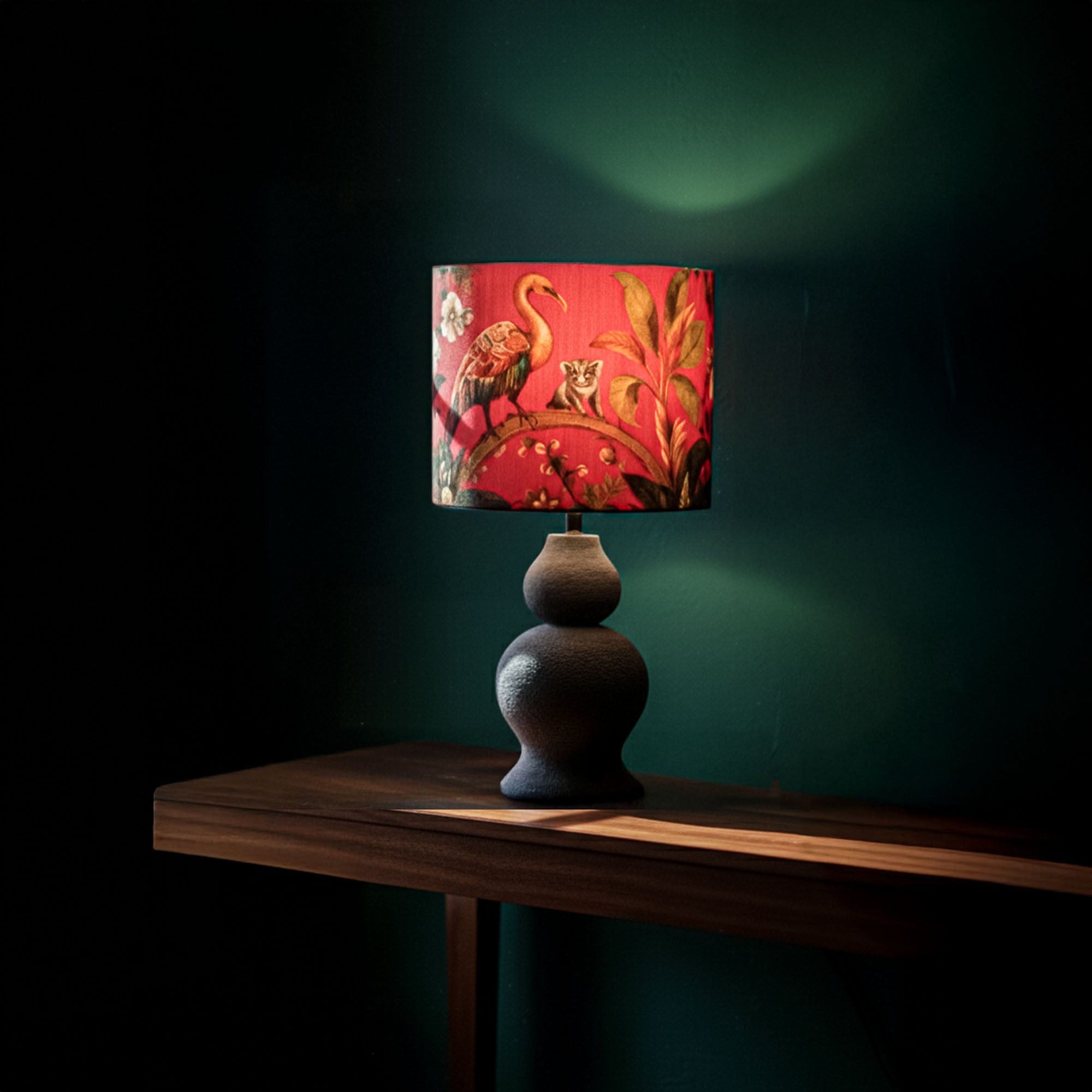 Gulaabi Baagh- Charcoal ceramic lamp paired with a vibrant pink floral Indian lampshade.