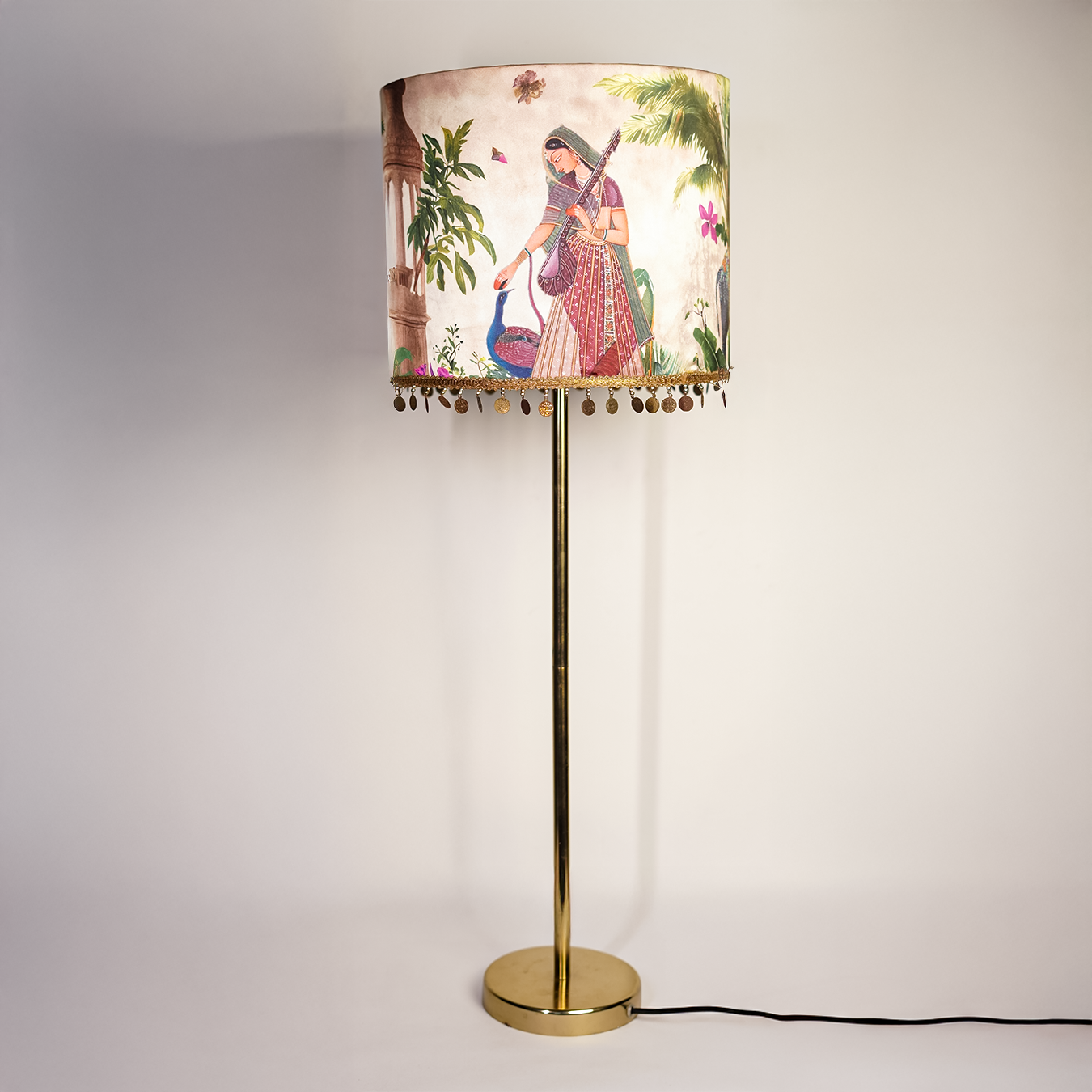 Noor-e-Sitaar - Chic sleek metal lamp paired with a Mughal-inspired ivory Indian lampshade