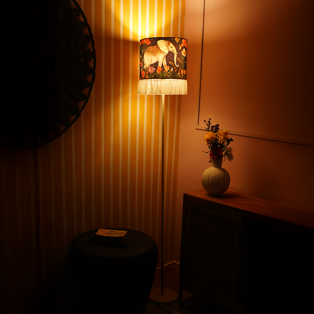 Shaahi Savaari- A statement sleek metal lamp elevated with a timeless Mughal blue  Indian lampshade.