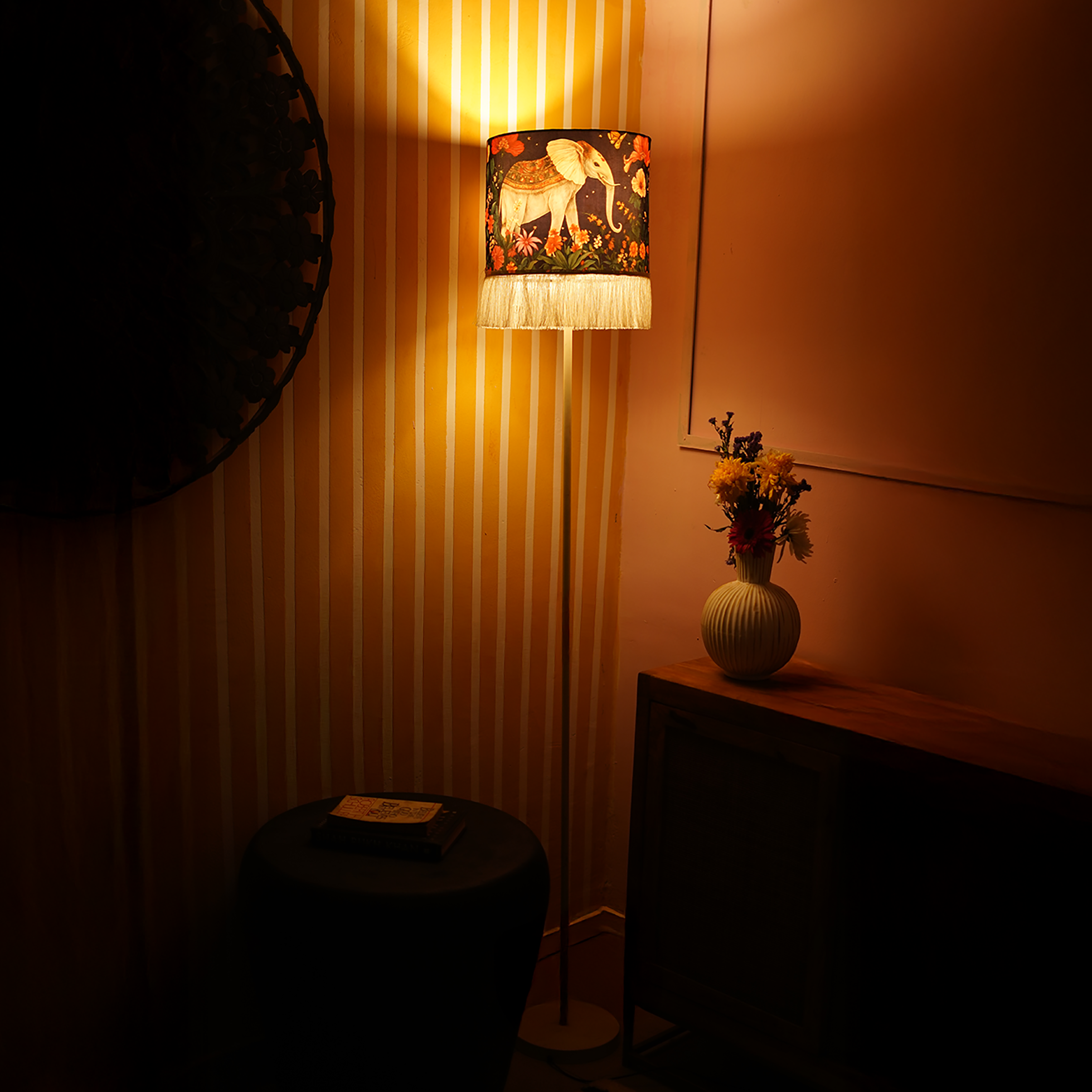 Shaahi Savaari- A statement sleek metal lamp elevated with a timeless Mughal blue  Indian lampshade.