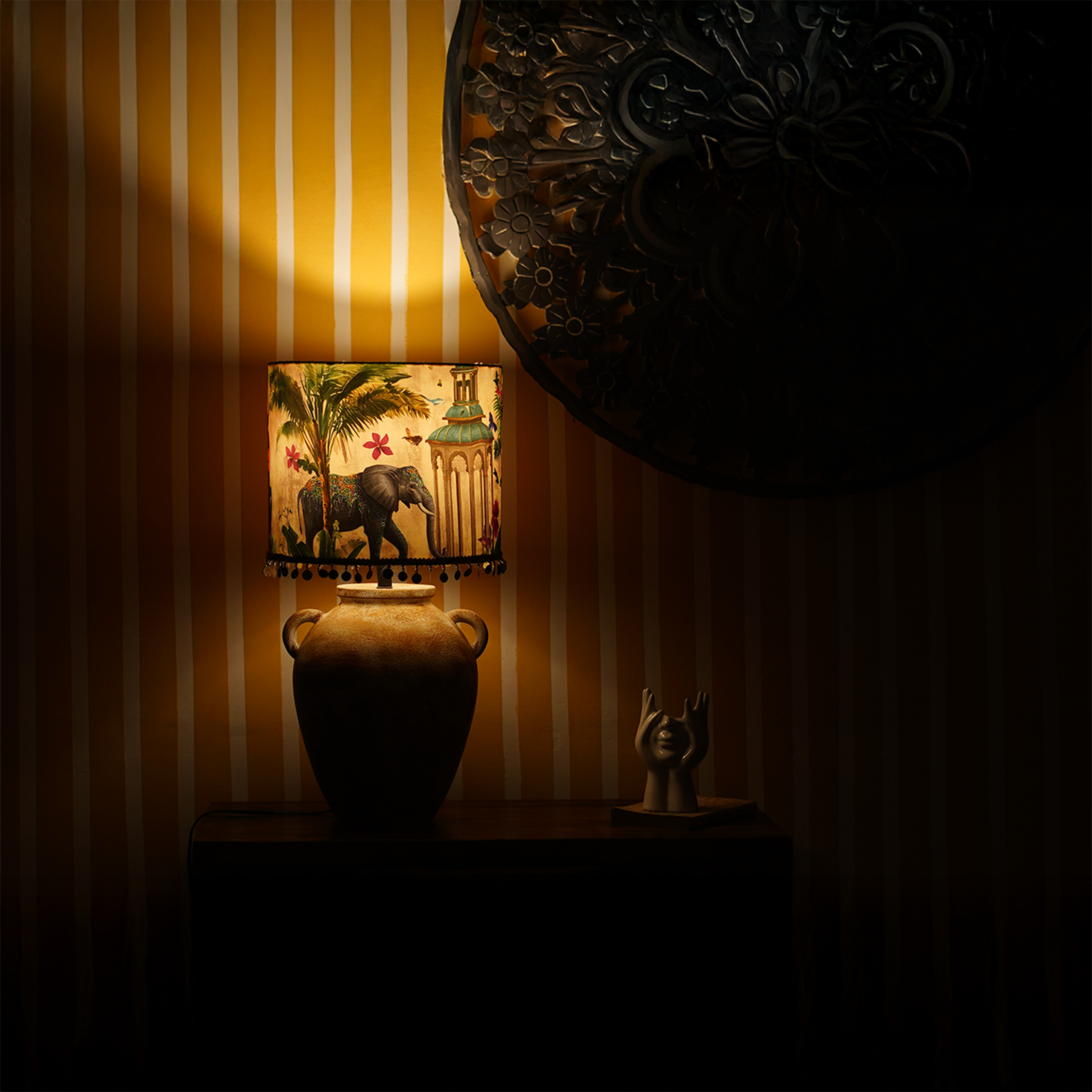 Noor - E - Sitar - Handpainted mustard textured ceramic lamp with a Mughal-inspired ivory lampshade.