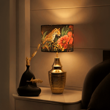 Bagh-e-Bahara - Charcoal black ceramic lamp paired with a vibrant black floral Indian lampshade.