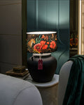 Bagh-e-Bahara - Charcoal black ceramic lamp paired with a vibrant black floral Indian lampshade.