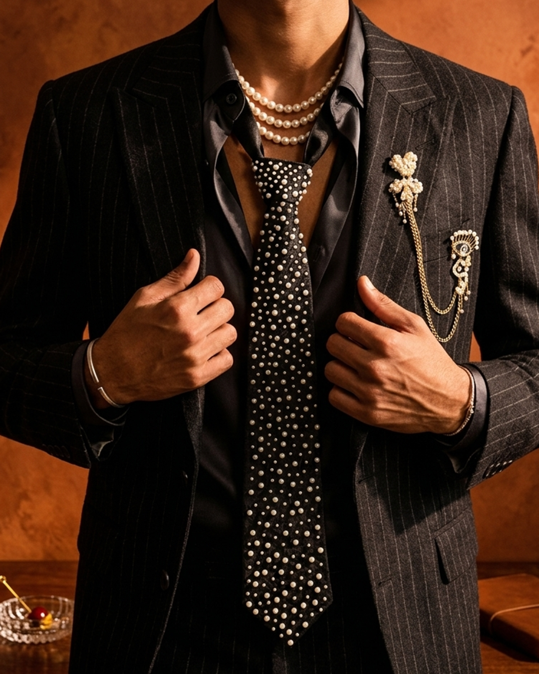 Majestic Noir — Heavy Pearl  Embellished Designer Tie