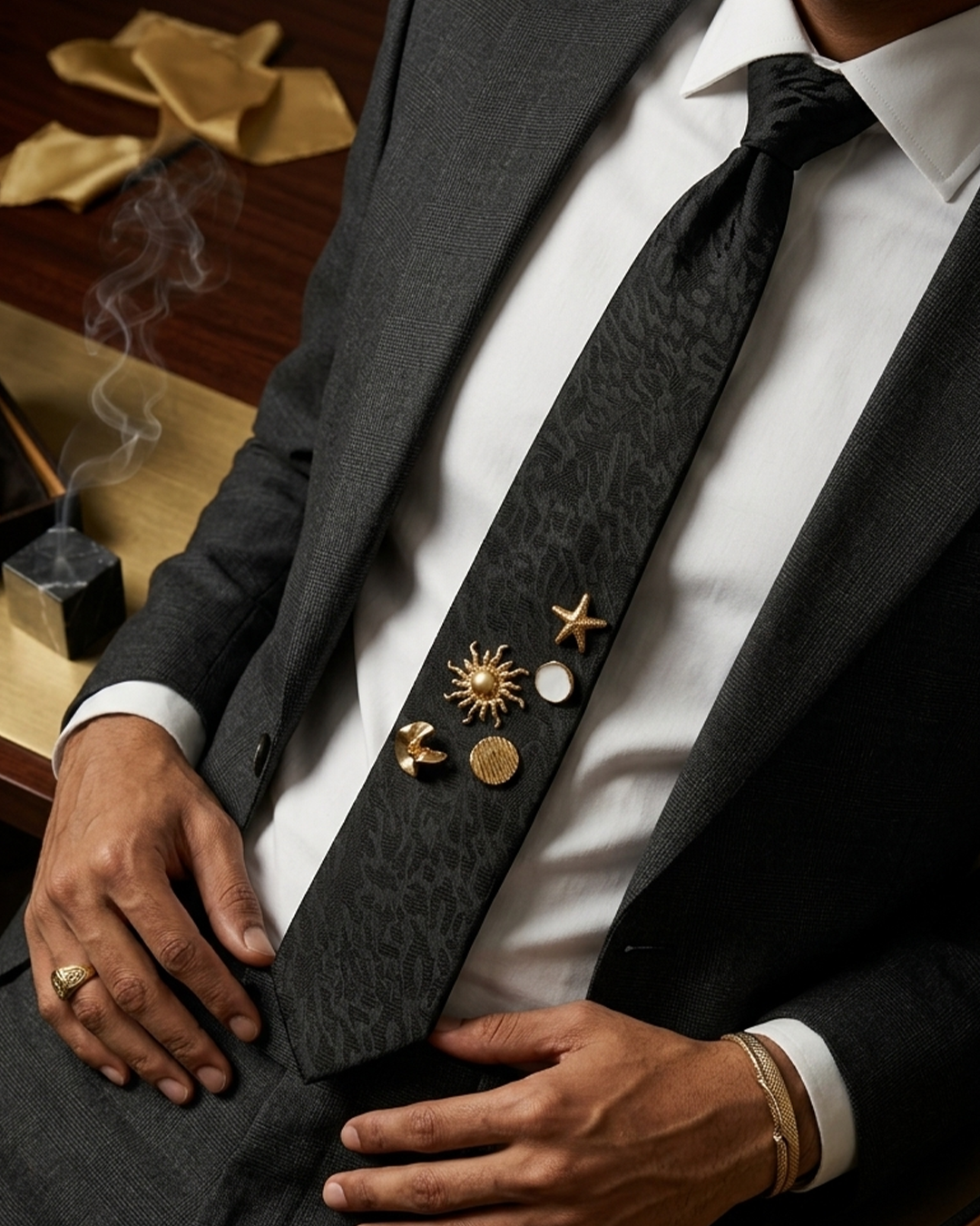 Statement Embellished Tie- with gold brooch