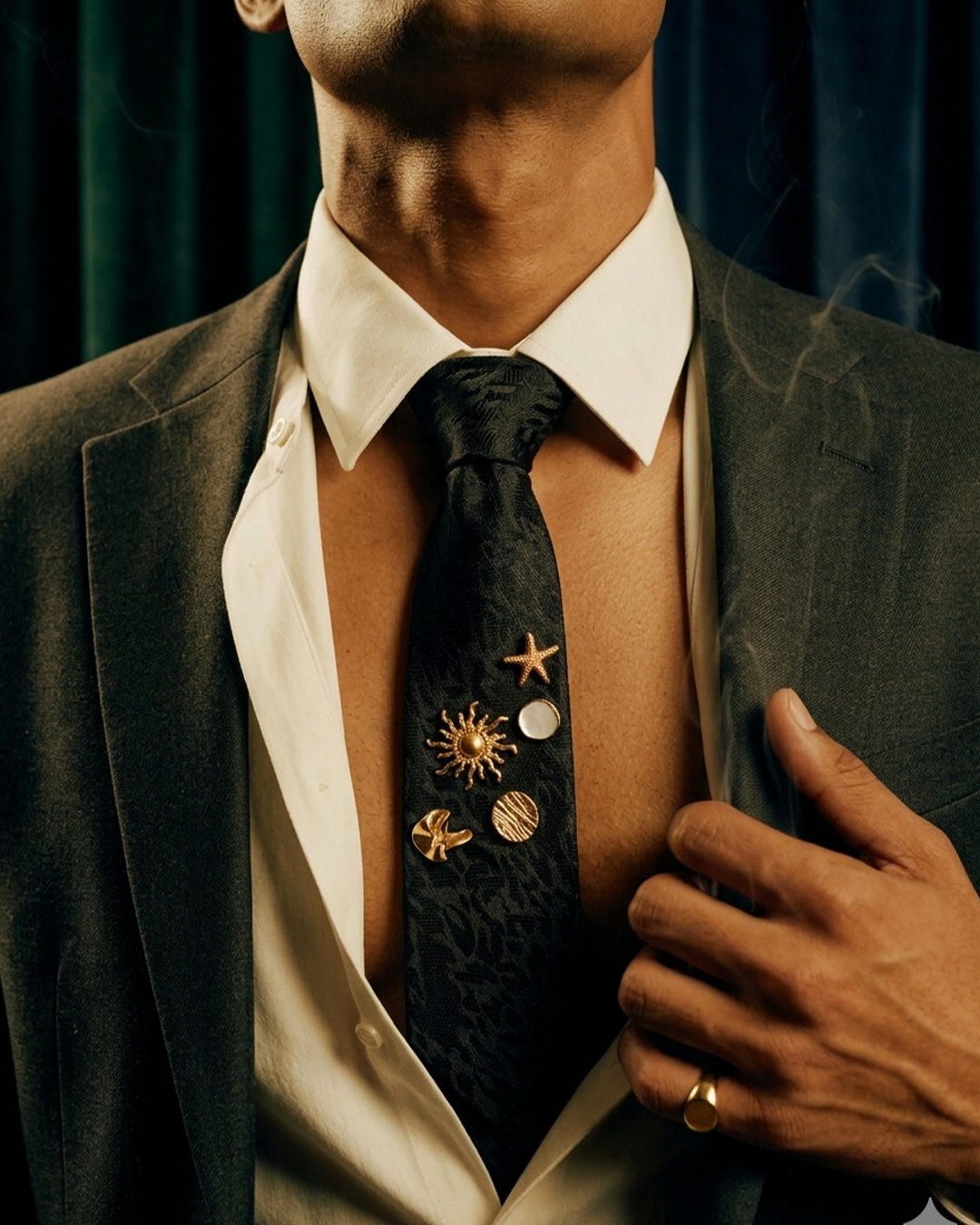 Statement Embellished Tie- with gold brooch