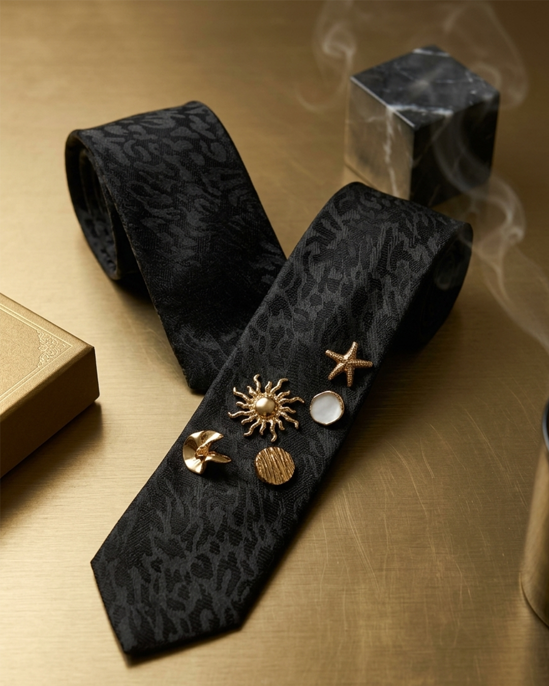 Statement Embellished Tie- with gold brooch