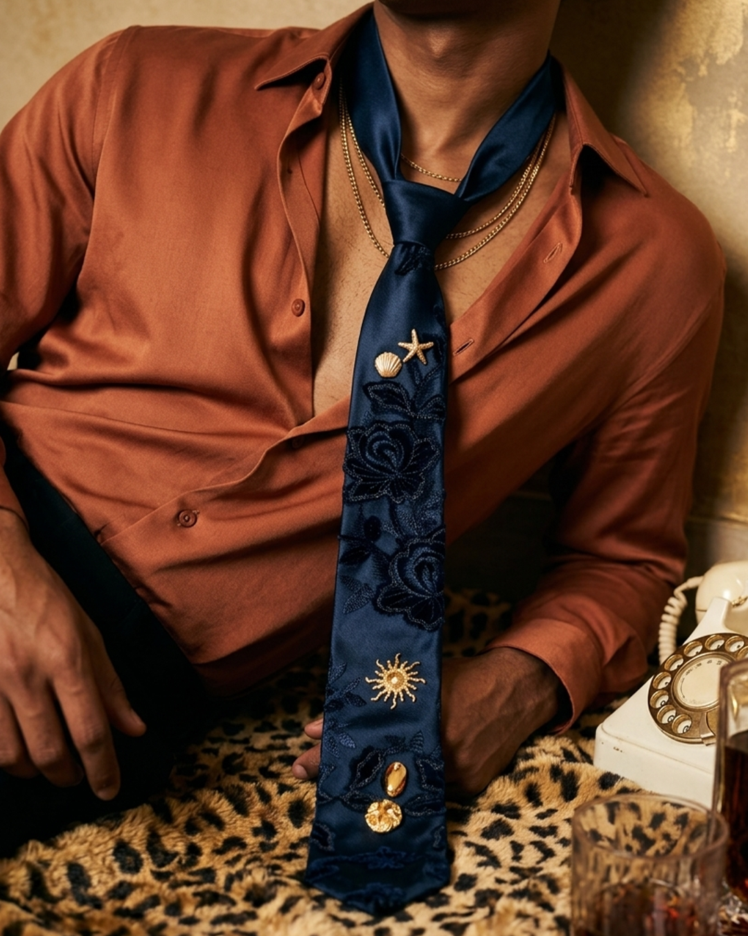 Velvet Reign — Heavy Embroidered with GOLD BROOCH  Royal Tie